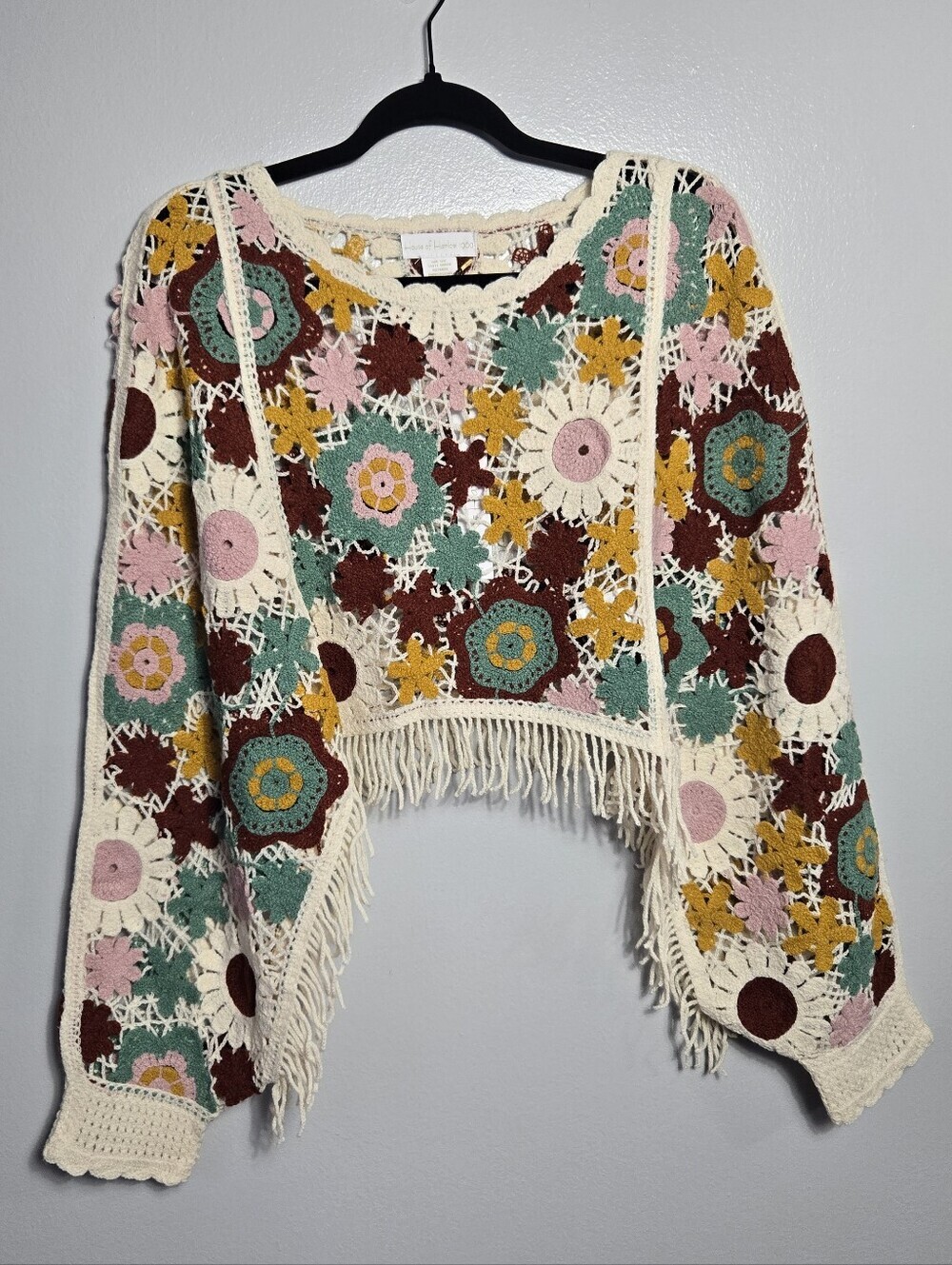 NWT House of Harlow 1960 Floral Crochet Granny Square Fringe Sweater One Size